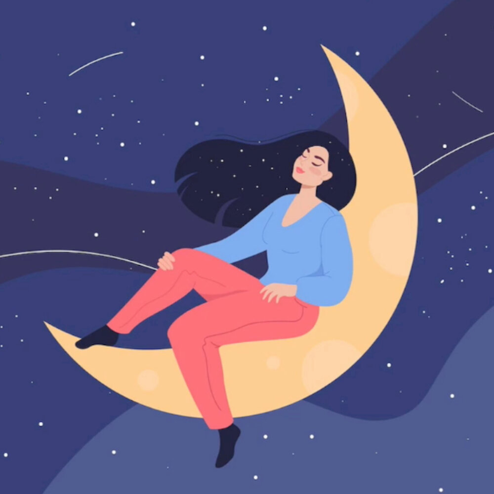 Спокий. Красная Луна во сне. Луна ТМ. Dream Flat. Relax illustration.