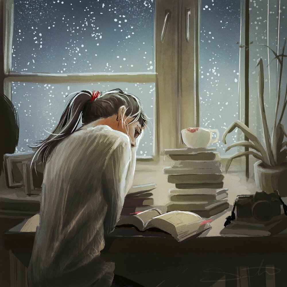 Evening study. Чтение в одиночестве. Уютное чтение. Вечернее чтение. Девушка с книгой у окна.