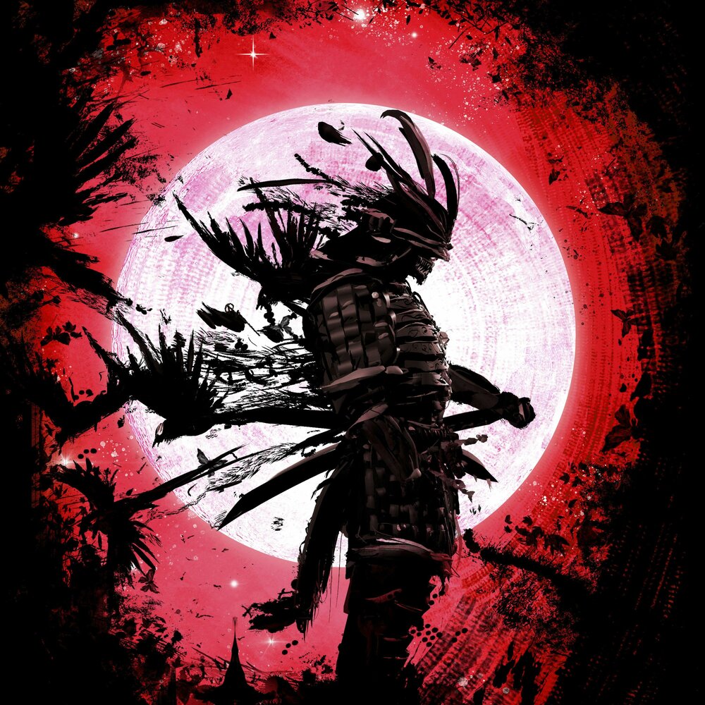 ниндзя ночью. кровавый ниндзя. ниндзя на фоне луны арт. самурай на красном фоне. кровавый ниндзя.