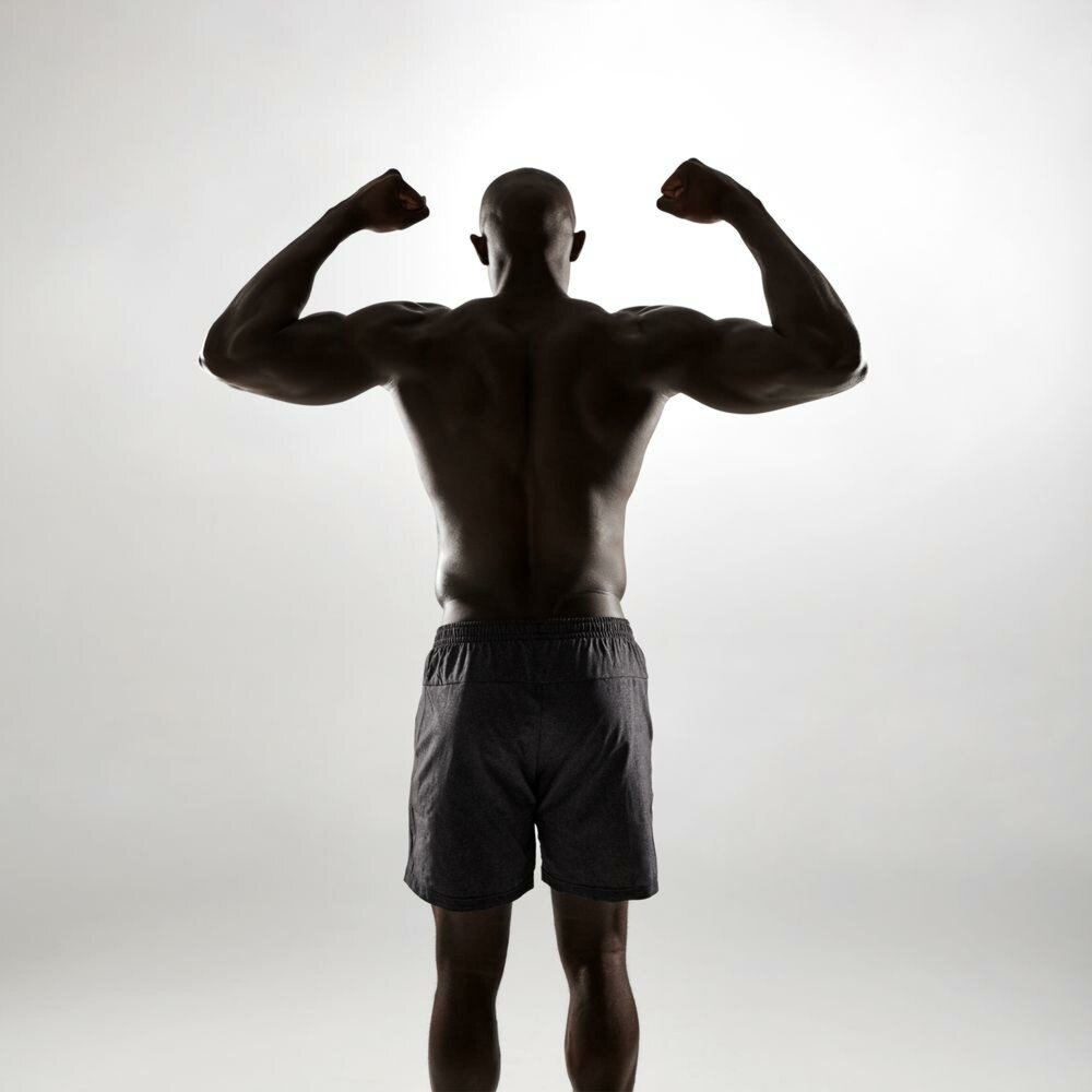 Standing strong. Бодибилдинг силуэт. Торс фото силуэт. Arm flexing. Front looking male on a Grey background.