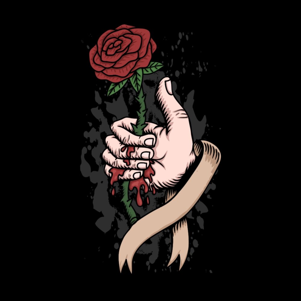 Роза в руке мужчины с кровью
