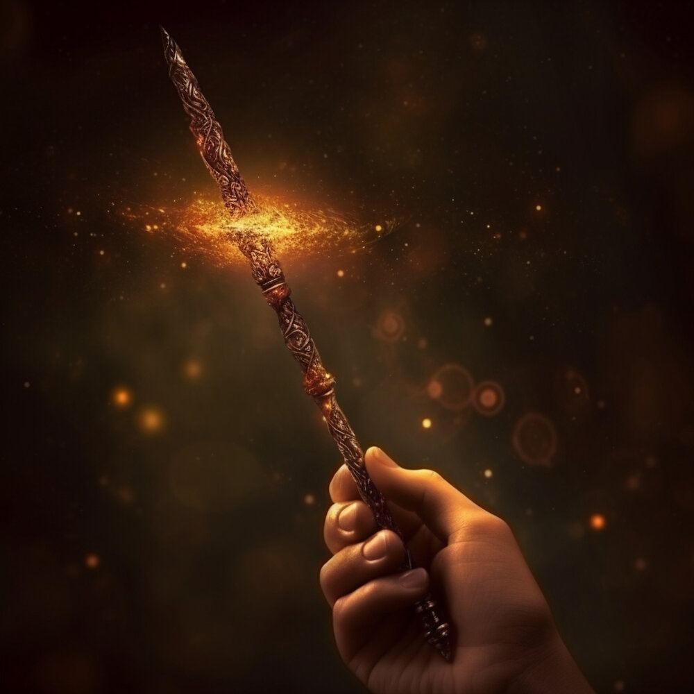Огонь из волшебных палочек. Человек держит волшебную палочку и колдует. Hand holding Magic Stick.